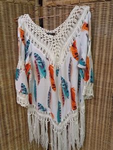 Vivid Importers NY Tunic V-Tail Blouse White Blue/Orge Embroidered Fringes  L/40